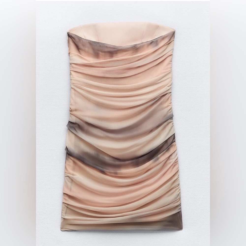 NWT Zara Ruched Mini Dress in Cream and Brown - Picture 2 of 7